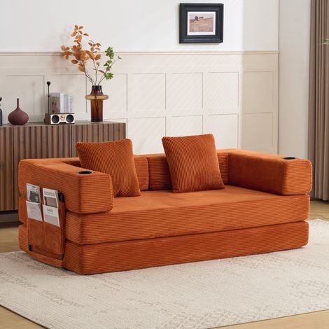 Divano a terra, Divano compressione, Divano letto a terra convertibile con supporto per la schiena e braccioli, Letto comodo con portabicchieri e tasca laterale, Tessuto a coste, per soggiorno e camer (1/5)