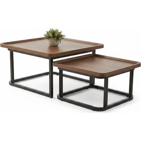Set de 2 Tables Basses Gigognes Carrées Design Moderne, Tables d'Appoint Empilables et Gain de Place, Brou De Noix, Tables Basses (1/5)