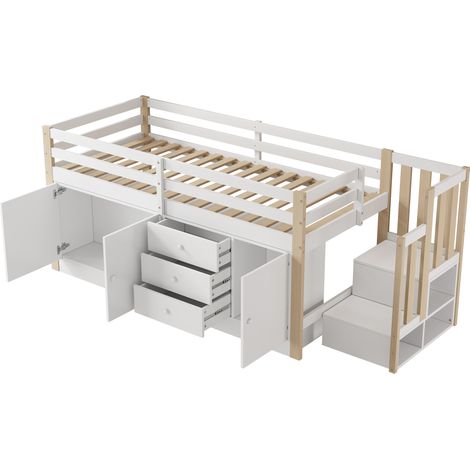 Lit mezzanine enfant blanc 90 x 200 cm avec escalier, tiroirs, 2 rangements et barre à vêtements (1/5)