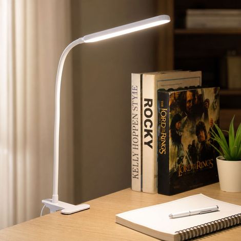 Lámpara de escritorio LED con clip, USB, 10 W, flexible, rotación de 360°, 3 temperaturas de color (blanco/negro), sin parpadeo, ajustable. (1/4)