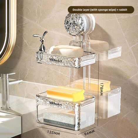 Porte-savon lapin à double ventouse, avec éponge et nœud argenté, fixation murale, non perforé, étagère de rangement haut de gamme pour salle de bain. (1/5)