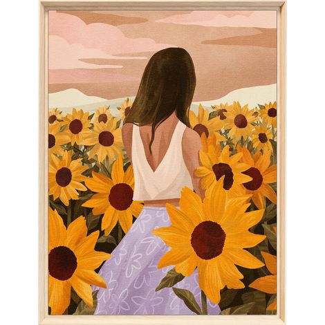 Tableau mural encadré femme au champ de tournesols 60x80 cm - Tableau Mural Décoratif - Image Encadrée Imprimée en HD - Impression 60x80 cm sur Fibres de Bois FSC - Finition Mate - Fabriqué en France (1/5)
