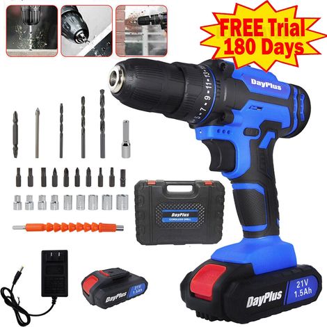 Cordless Drill Driver Kit, 21V Electric Drill Screwdriver Combi Set, Li-Ion Battery, Fast Charger, 25+1 Clutch, 45N.m Torque, Built in LED, for Drilling Walls, Bricks, Wood, Metal (1/5)