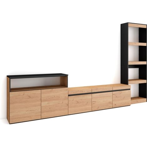 Skraut Home – Ensemble meuble TV moderne – Meuble salon complet 310x35x186cm – Chêne et noir – Pour TV jusqu'à 65 pouces – Grande capacité de rangement