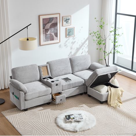 Canapé d’angle 266/136/82 cm en velours côtelé gris clair avec console coulissante, USB-C et rangement (1/5)