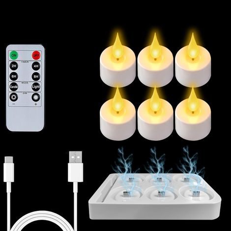 Lot de 6 Bougies Chauffe-Plat LED Rechargeables avec Télécommande, Minuterie 2/4/6/8H, Effet Vacillant et Base de Charge, Droit (1/5)