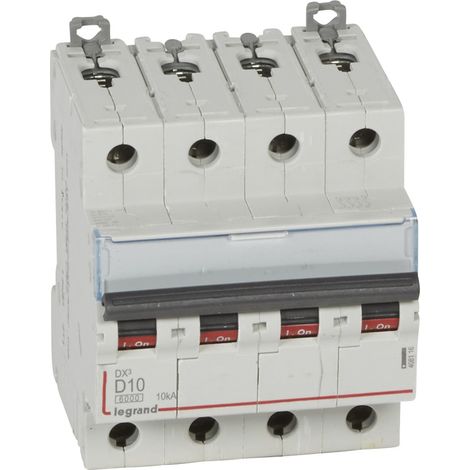 Disjoncteur DX³6000 arrivée haute et départ bas à vis 4 Pôles 400V 10A courbe D pour peigne HX³ traditionnel LEGRAND 408116