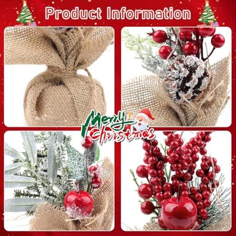 Lot de 6 mini sapins de Noël artificiels de table, décorés de baies rouges et de pin, parfaits pour la décoration de la maison, du bureau et de la table à manger lors des fêtes de Noël. (1/3)