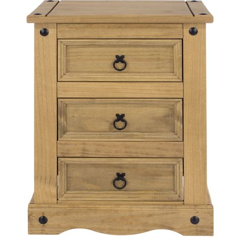 3 Drawer Bedside Cabinet - Pine - 53 x 38 x 68.5 cm - Antique Waxed Pine (1/4)