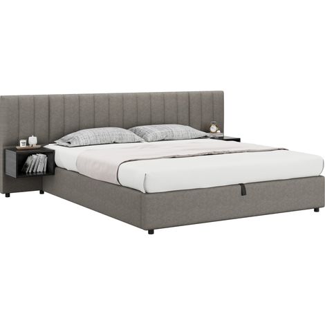 Lit coffre 180 x 200 cm avec 2 tables de chevet, rangement hydraulique, sommier à lattes bois, tissu gris noir, montage facile, idéal pour chambre moderne  CHICFURN (1/5)