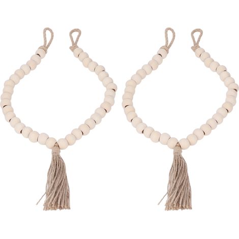 2 Attaches-rideaux Style Scandinave Corde Chanvre Pompons Perles Bois Décoration Murale avec Crochets pour Salon Chambre (1/5)