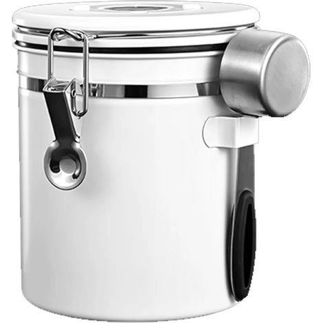 Barattolo per caffè, adatto per conservare chicchi di caffè, foglie di tè, zucchero e farina, realizzato in acciaio inox, con buone proprietà di chiusura ermetica (bianco, 1800 ml). (1/4)