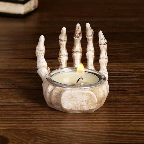 1 portacandele a forma di teschio per Halloween, in resina, ideale come decorazione da tavolo (candele tealight non incluse) (1/5)