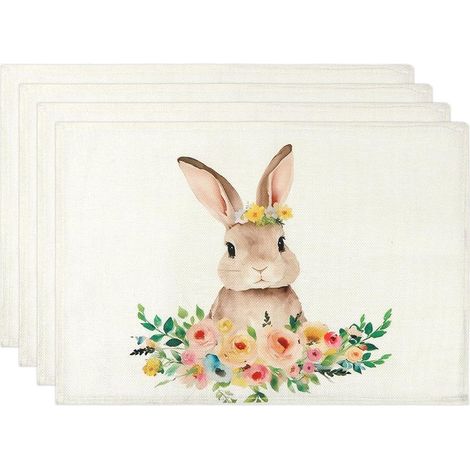 Un ensemble de 4 sets de table à motifs de lapins, parfaits pour Pâques et la décoration de table pascale, mesurant 30 x 45 cm. (1/5)