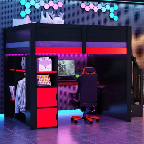 Lit surélevé 140x200 cm bois avec bureau, rangements, LED USB et escalier noir, noir rouge (1/5)