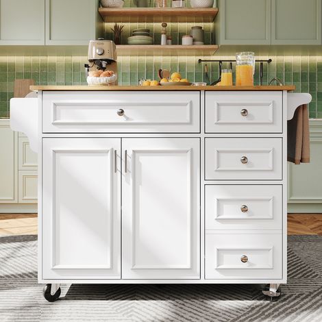 Îlot de cuisine 110 x 45-75 x 92 cm, cuisine moderne avec serviteur amovible, buffet vintage, blanc (1/5)