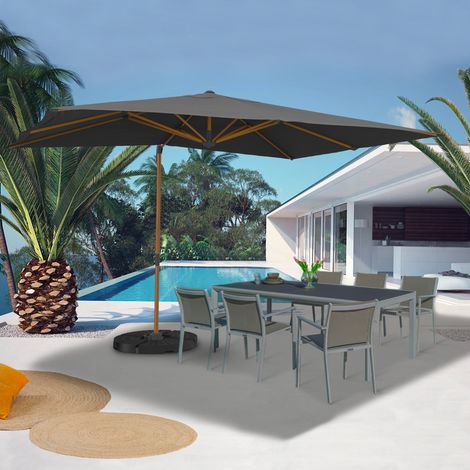 Sombrilla CALVI 360° inclinable y giratoria, efecto madera mate y tejido gris 3X4M con funda