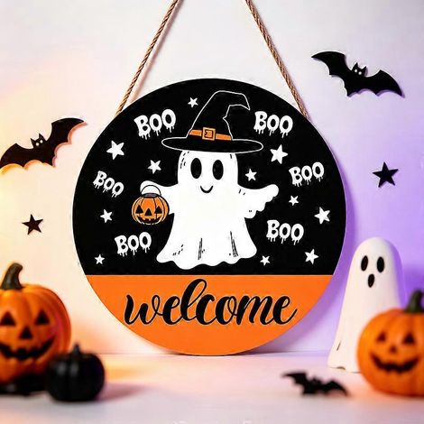 Panneau de porte rond en bois pour Halloween, plaque à suspendre avec motif fantôme, décoration de porche, ornement mural intérieur/extérieur et cadeau idéal pour les fêtes. (1/5)