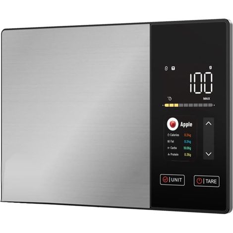 Bilancia da cucina in acciaio inox da 5 kg, calcola peso, calorie, proteine, grassi e carboidrati, per una cucina sana.