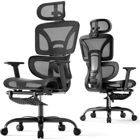 ECOFURNIX Silla de Oficina Ergonómica y Alta con Reposapiés, Tejido de Malla, Reposabrazos 3D, Soporte Lumbar - Negro (1/5)