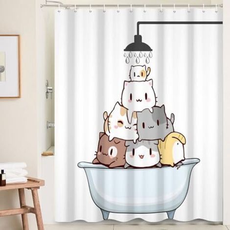 180 x 180 cm shower curtain with cute cat – cartoon cat in the bathtub – waterproof, fun, washable shower curtain with pet motif