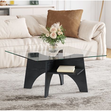 Mesa de centro cuadrada moderna de cristal templado 80 cm con estructura de MDF negro OKWISH (1/5)