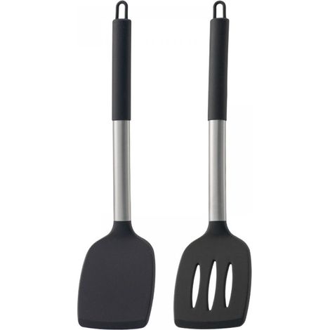 Un ensemble de deux ustensiles de cuisine en silicone, comprenant une spatule à manche creux en acier inoxydable, une spatule