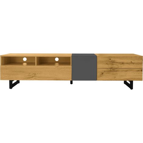 CAIziMeuble TV colorblock 3 portes 2 niches pieds métal style rétro (1/5)