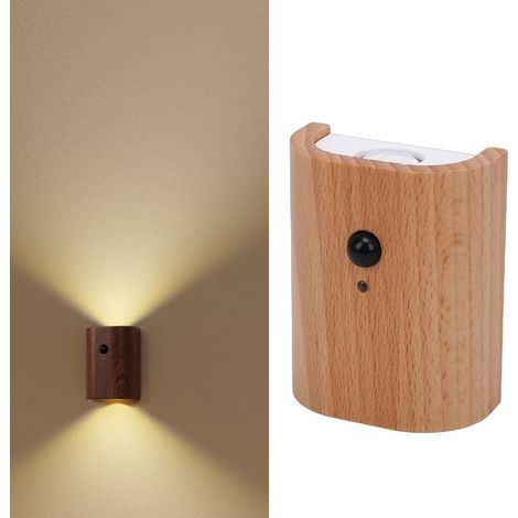 Applique Murale LED Sans Fil à Détection de Mouvement, Rechargeable USB-C, Bois & ABS, Lumière Douce Bidirectionnelle pour Couloir et Chambre (1/4)
