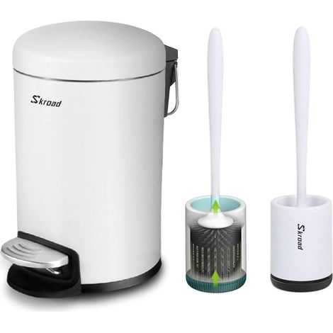 Poubelle ronde avec brosses WC en silicone, mini poubelles à pédale de 3 L avec couvercles pour salle de bain, toilettes, chambre à coucher, cuisine, blanc (1/5)