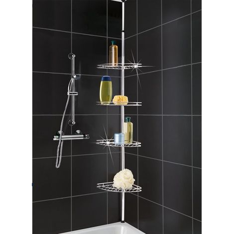 Étagère télescopique d'angle 4 niveaux – Installation sans perçage – Hauteur ajustable 56 à 275 cm – Acier inoxydable pour salle de bain – Self Confort