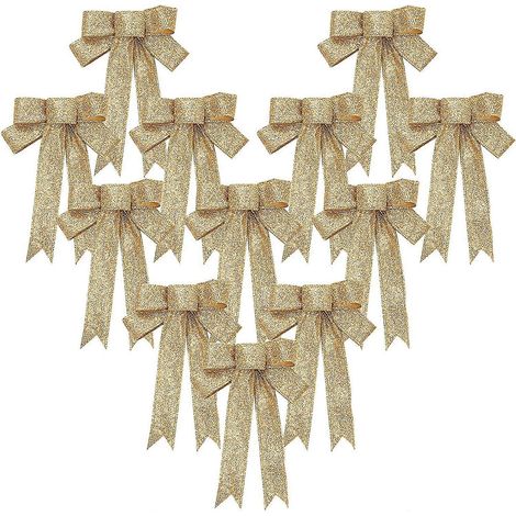 12 goldene Glitzer-Schleifen für Weihnachtsschmuck, ideal zum Basteln von Weihnachtskränzen, Hochzeiten und Partys. (1/5)