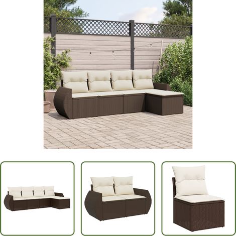 vidaXL Rattan - 5-tlg. Garten-Sofagarnitur mit Kissen Braun Poly Rattan (1/5)