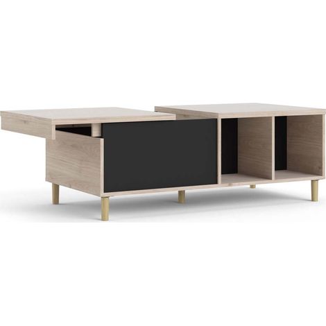 Penny Couchtisch mit ausziehbarer Deckplatte und 2 Fächern Hickory-Dekor und matt schwarz.