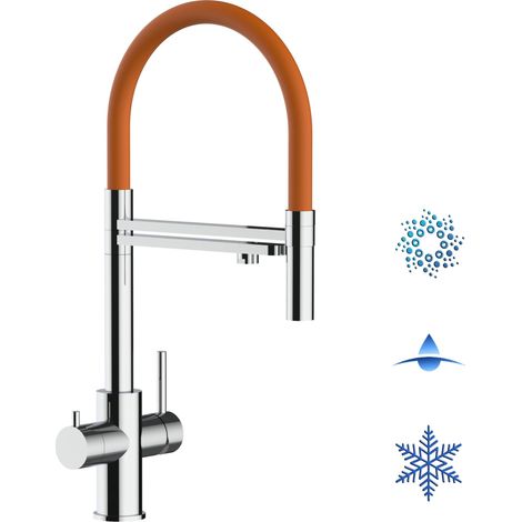 Rubinetto 5 vie miscelatore lavello cucina in Acciaio INOX Lucido - canna arancione movibile e doccia 2 getti staccabile - ACCIAIO CHIRURGICO AISI 316 (1/5)