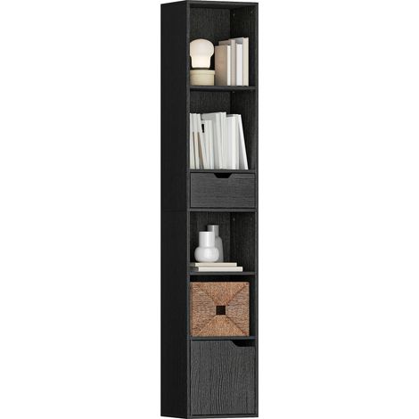 6-Tier Bookcase, Tall Narrow Bookshelf with Drawer and Door - Black (1/5)