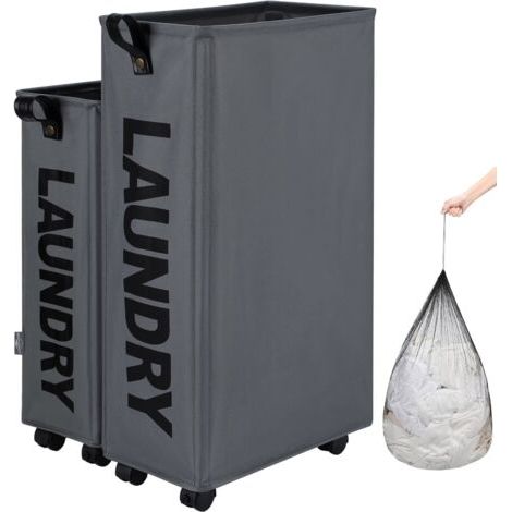 Paniers à linge avec des roues, Pliable Sac à linge, Pliage Grande Capacité Corbeilles à linge (Gris Foncé, M) (1/5)