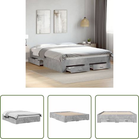 vidaXL Bois d'ingénierie - Cadre de lit avec tiroirs sans matelas gris béton 140x200 cm (1/5)