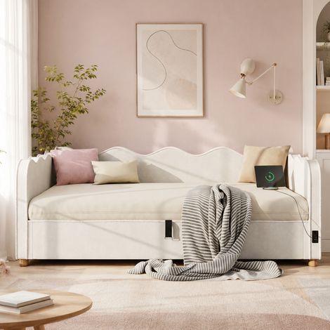 Canapé convertible en velours – Coffre de rangement à vérin hydraulique – Canapé-lit rembourré avec port USB et dossier – 90×200 cm – Beige (1/5)