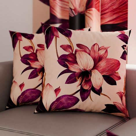 Lot de 2 Taies d'Oreillers 60x60 cm 100% Microfibre Hypoallergénique, Housse Oreiller Rectangulaire Motif Floral Crème Fuchsia, Paquet de 2 (1/3)