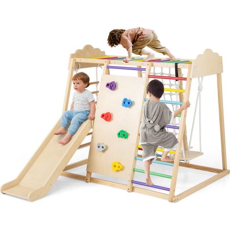 Palestra da interno 8-in-1 con scivolo rimovibile, Giocattoli da arrampicata in legno per bambini 3+ anni Multicolore (1/3)