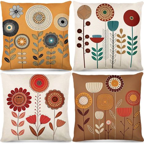 Simpeak Lot de 4 Housses de Coussin,Décoratives à Motifs Floraux colorés, Style Bohème, en Lin avec Fermeture éclair Invisible, Douces et Résistantes, pour la Chambre et Le Canapé, 45 x 45 cm (1/4)