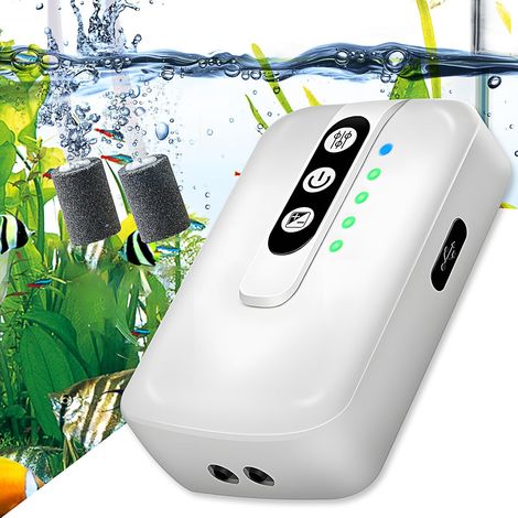 Pompe à air d'aquarium rechargeable, très silencieuse, 2 sorties d'air réglables, pompe à oxygène puissante de 2 W (1/5)