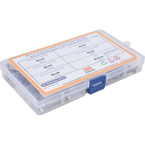 Kit d'assortiment de 200 vis et écrous hexagonaux, comprenant des clés pour l'industrie, en acier inoxydable A2.