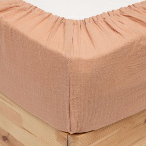 Drap Housse en Gaze de Coton "Flora" 140x190cm Rose (1/3)