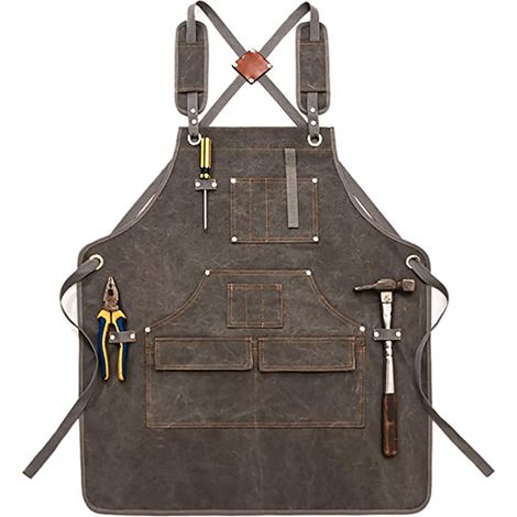 Arbeitsschürze aus Segeltuch für Holzbearbeitung, Schürze mit gekreuzten Trägern und Werkzeugaufbewahrungstaschen, ideal für Gärtner, Schreiner und Techniker, dunkelgrau.