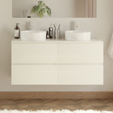 Meuble de salle de bain 120cm avec plateau et 2 vasques à poser rondes - 4 tiroirs - sans miroir - blanc brillant - IDA (1/5)