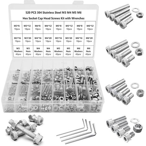 Vis et Ecrou M3/M4/M5/M6 520PCS Kit Assortiment Vis Boulons Vis à Tête Cylindrique à Six Pans Creux Jeu de en Acier Inoxydable 304 avec écrous Rondelles (1/5)