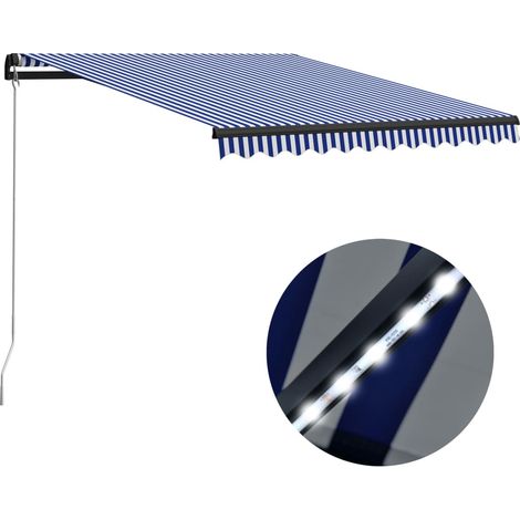 Auvent manuel Store Banne Solaire abri Marquise Brise-soleil rétractable avec LED 300x250 cm Bleu et blanc LKOWF82745 (1/5)