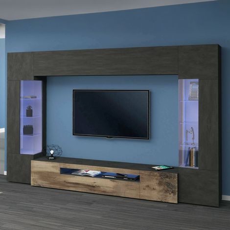 Dmora - Pared Equipada Dberard, Conjunto de salón Mueble TV con 6 puertas, Mueble de salón polivalente con luz LED, 100% Made in Italy, cm 290x40h191, Antracita y Arce (1/5)